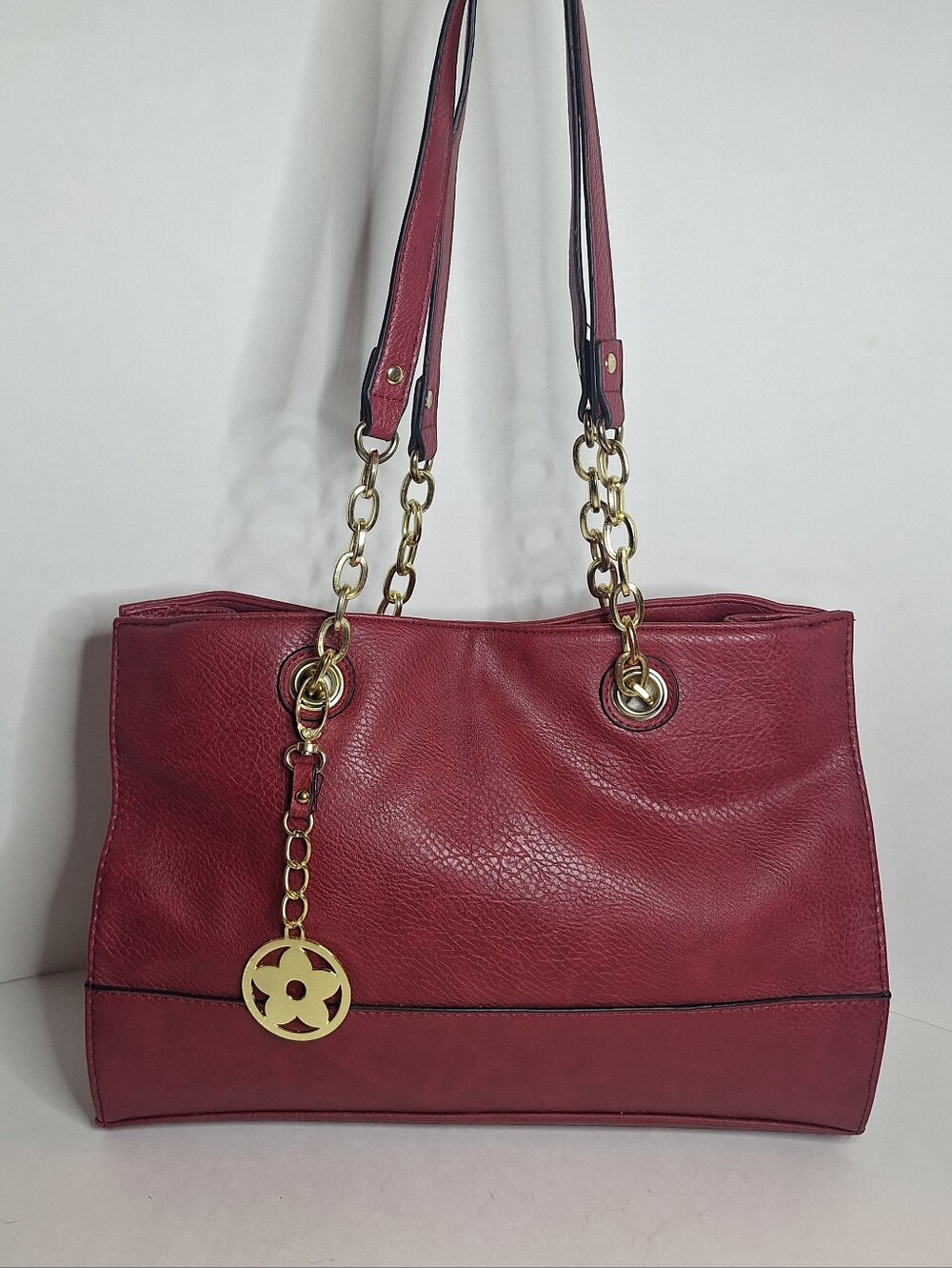 Bueno Red Faux Vegan Leather Shoulder Bag Gold Chain Strap Charm Medium Purse